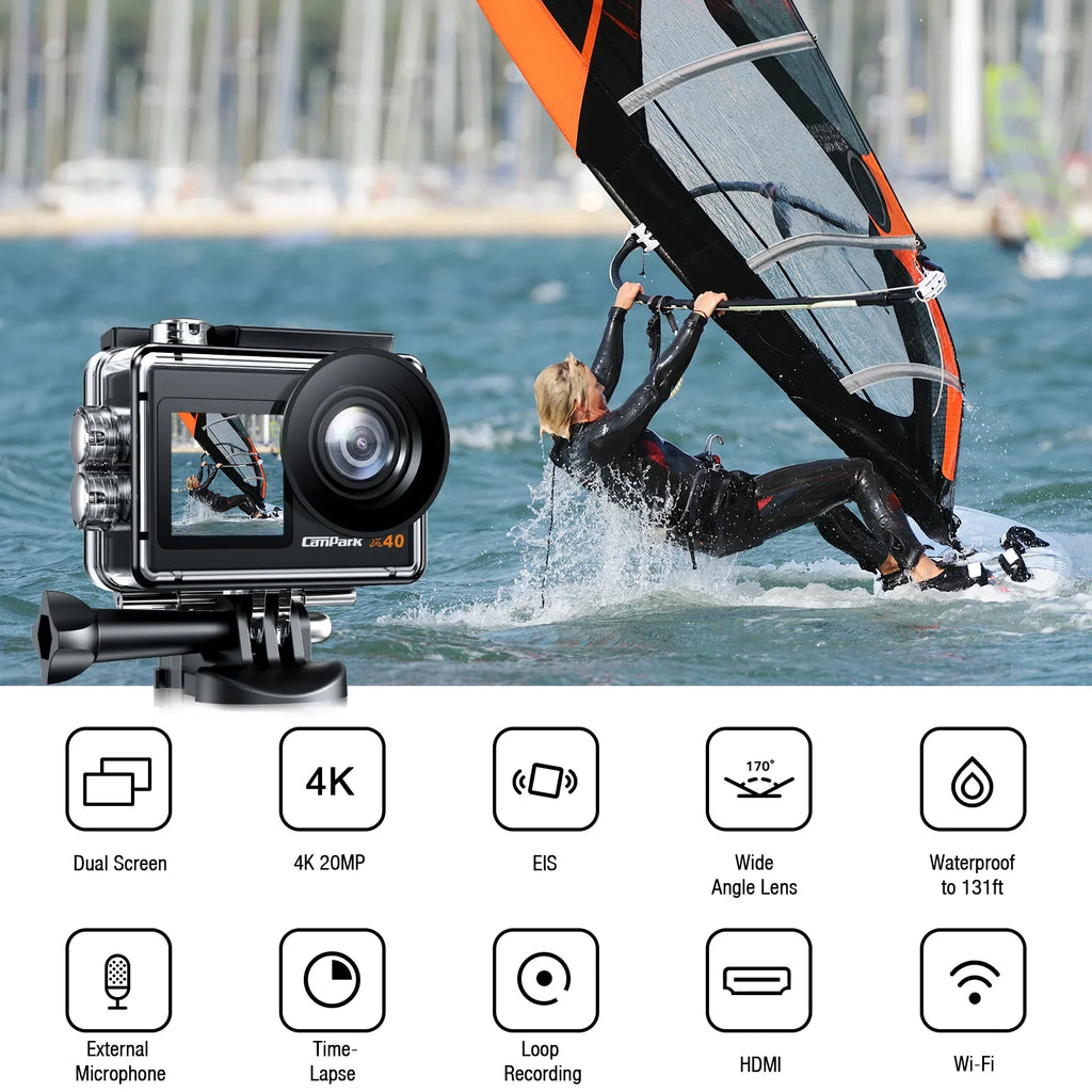 Campark 4K 30FPS Action Camera 20MP Sports Camera 131 Ft Fluid Fluid Camera WiFi Vlog Camera EIS 4.0 Zoom Support External Mic Remote Control