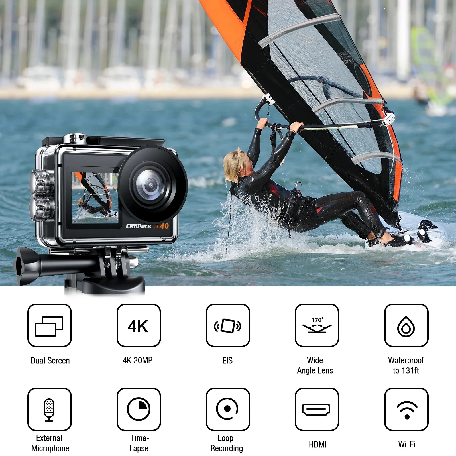 Campark 4K 30FPS Action Camera 20MP Sports Camera 131 Ft Fluid Fluid Camera WiFi Vlog Camera EIS 4.0 Zoom Support External Mic Remote Control
