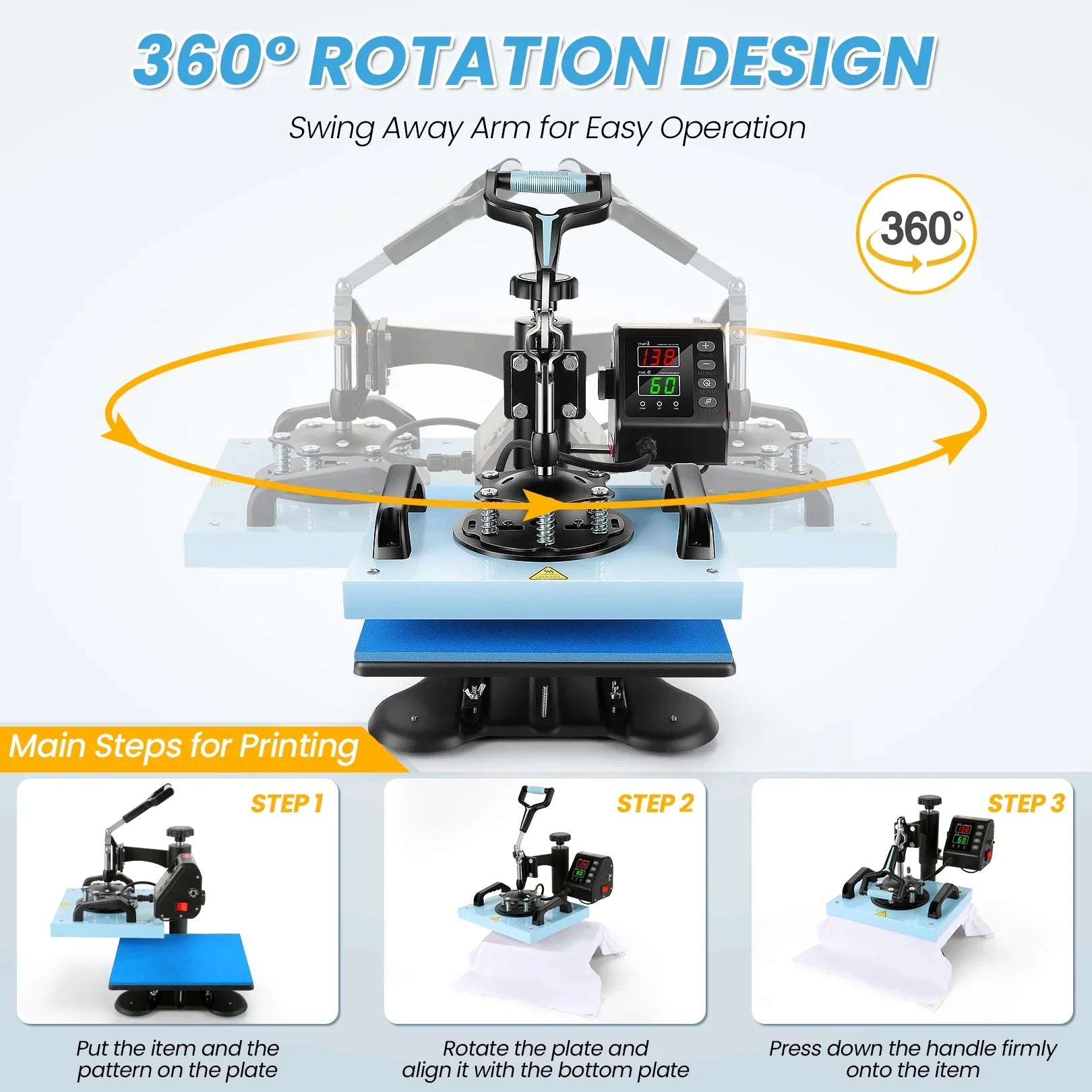 Qhomic 12x10in Heat Press Machine Digital Precise LCD Control Printing Sublimation, Heat Transfer Machine with 360 Degree Swivel Away Printing Transfer for DIY T-shirts, Tote Bags, Mats