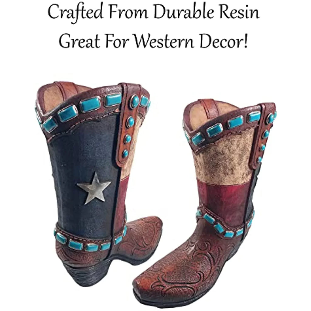 Urbalabs Western Teal Stone Texas Brown Cowboy Boot Vase Large 12 Inch Brown Teal Cowboy Boot Flower Vase Decorative Cowboy Boots Vases Home Office Rustic Decor Country Living Wedding Centerpiece