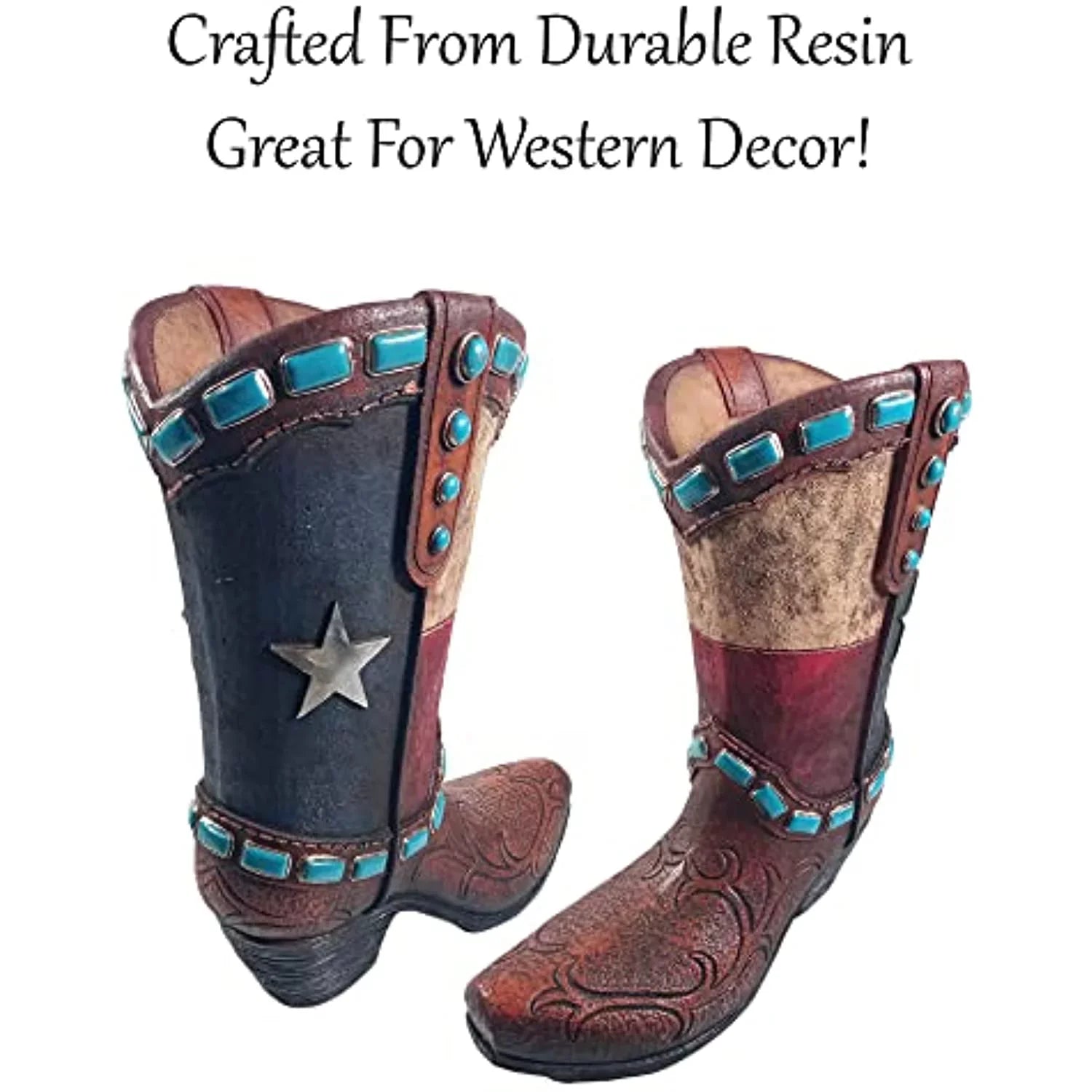Urbalabs Western Teal Stone Texas Brown Cowboy Boot Vase Large 12 Inch Brown Teal Cowboy Boot Flower Vase Decorative Cowboy Boots Vases Home Office Rustic Decor Country Living Wedding Centerpiece