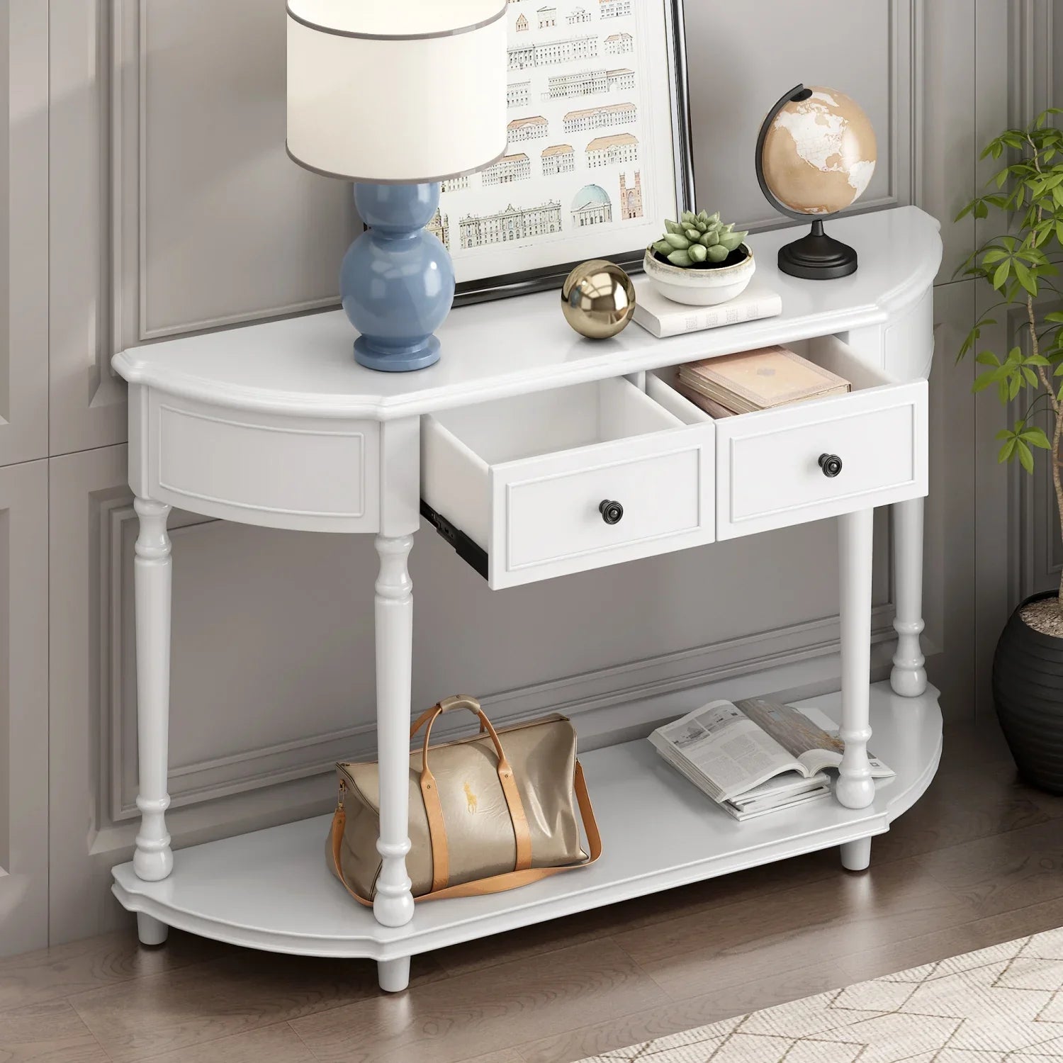 TREXM Retro Circular Curved Design Console Table with Open Style Shelf Solid Wooden Frame and Legs Two Top Drawers (White OLD SKU WF298768AAK)