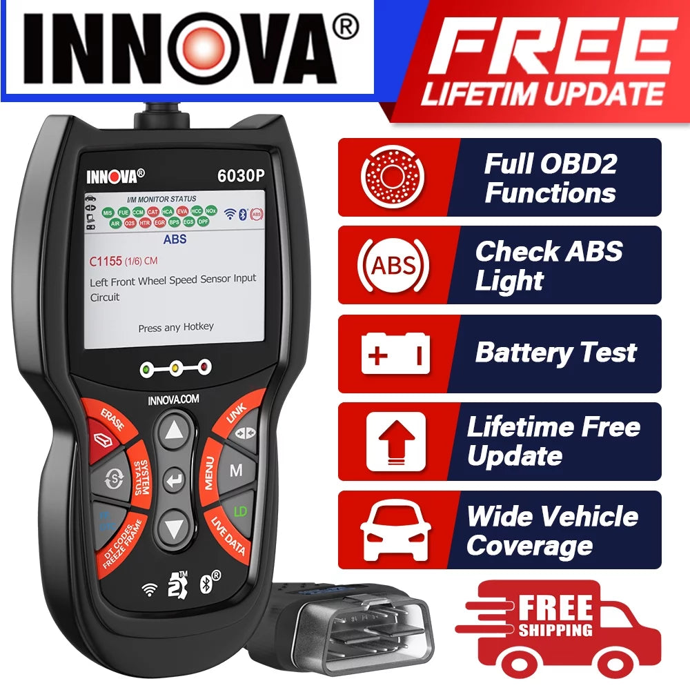 Innova 6030P Car Code Reader Scan Engine ABS Diagnostic Tool Live Data Battery Alternator Test OBD2 Scanner Automotive Scanner Car Scan Tool Read Clean Codes Turn off MILs Auto Analyzer for 12V Cars