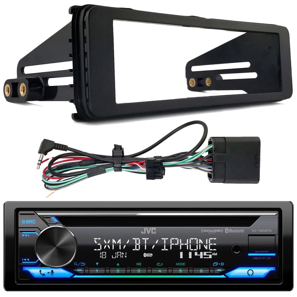 JVC KD-T920BTS Single DIN In-Dash CD Player Bluetooth USB AUX AM/FM Radio Receiver Bundle Combo with Single-DIN Stereo Installation Kit (Fits Select 1998-2013 Harley Davidson Touring Motorcycles)