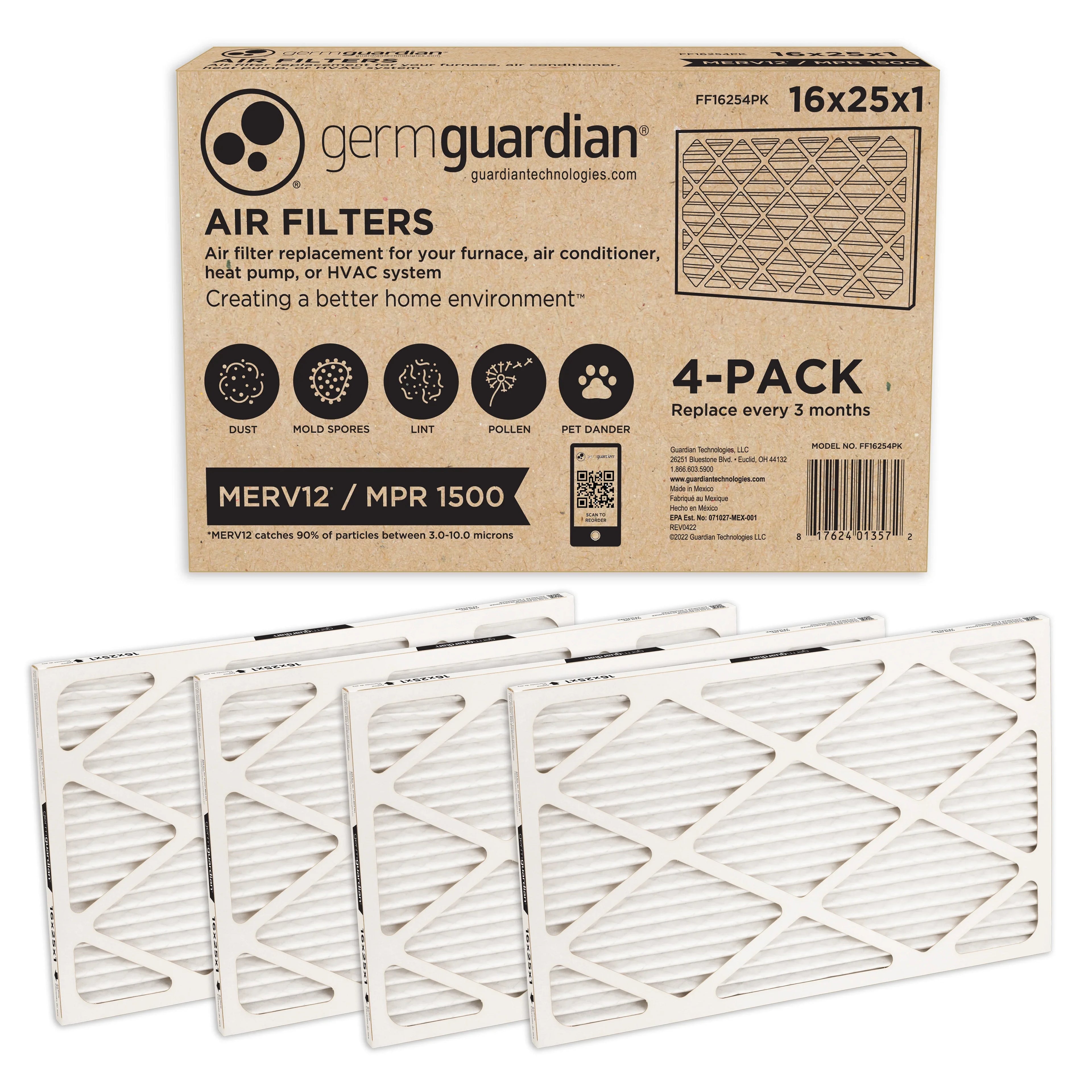 Germ Guardian 16x25x1 MERV 12 Pleated HVAC AC Furnace Air Filters (4-Pack)