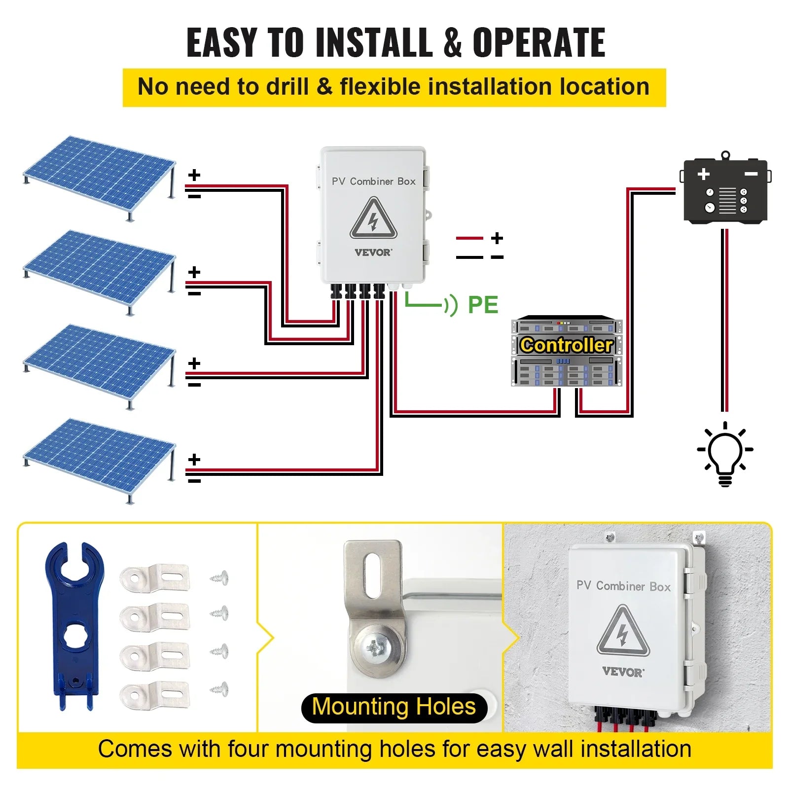 VEVOR PV Combiner Box, 4 String, Solar Combiner Box with 15a Rated Current Fuse, 63a Circuit Breaker, Lightning Arreste and Solar Connector, for On / Off Grid Solar Panel System, IP65 Liquid