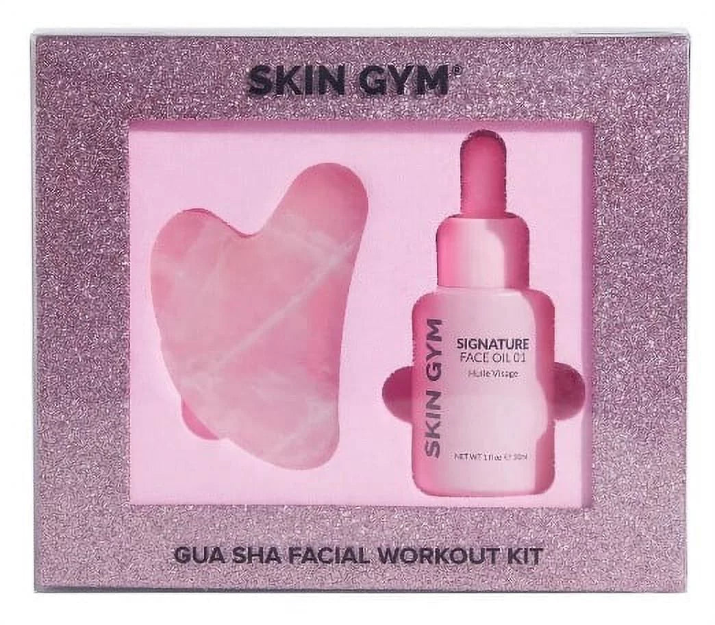 ($64 Value) Skin Gym Gua Sha Rose Quartz Workout Kit, Gua Sha + Signature Oil