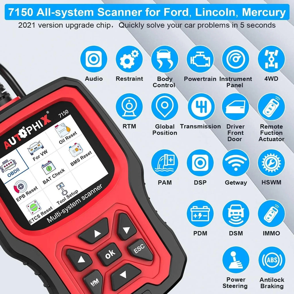 AUTOPHIX 7150 OBD2 Scanner Code Reader All Systems Automotive Diagnostic Scanner ABS Battery TPMS Reset for Ford