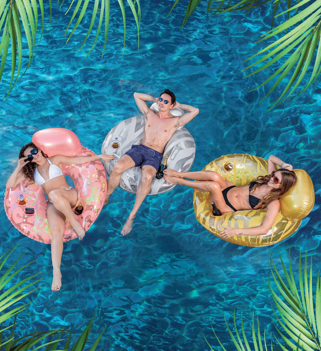 POZA Inflatable Luxury Tubes with Back Rest - Rose Gold, Gold, Silver Sparkle Confetti Filled Luxurious Lounger, Thick Pool Float Tubes, Built in Phone and Cup Holder with Handles, 42 Inch, Pack of 3