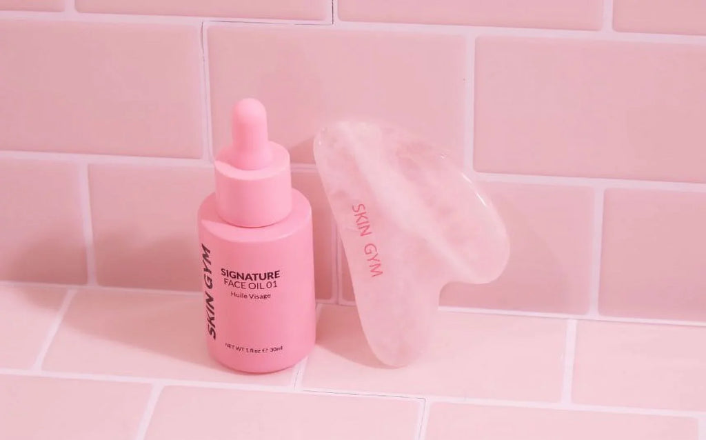 ($64 Value) Skin Gym Gua Sha Rose Quartz Workout Kit, Gua Sha + Signature Oil