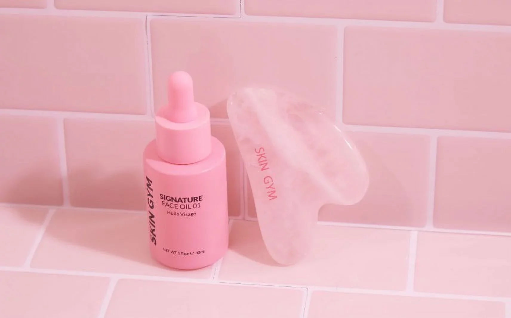 ($64 Value) Skin Gym Gua Sha Rose Quartz Workout Kit, Gua Sha + Signature Oil