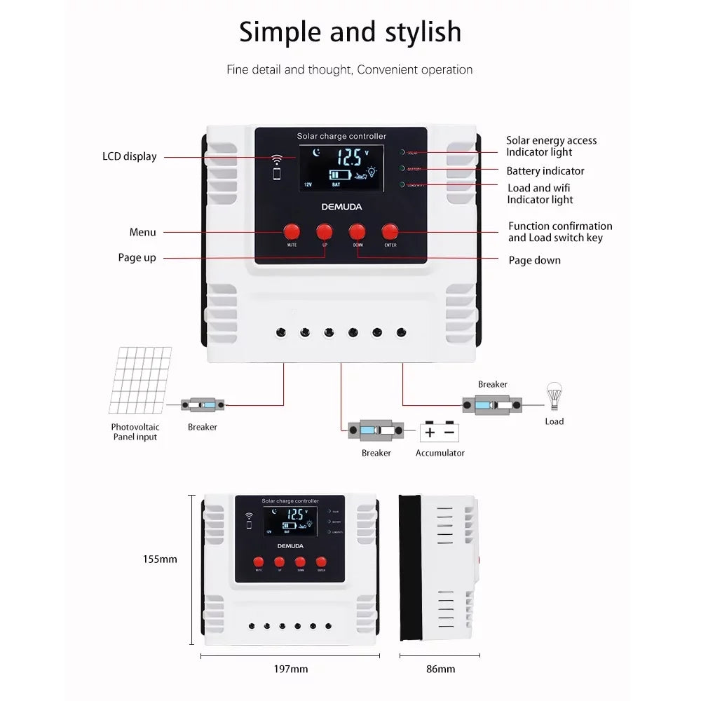 Lixada Chipset Solar Charger Controller 12V/24V with Mobile App Real-time Data LED Display for Leadacid Ternary Iron Batteries PWM