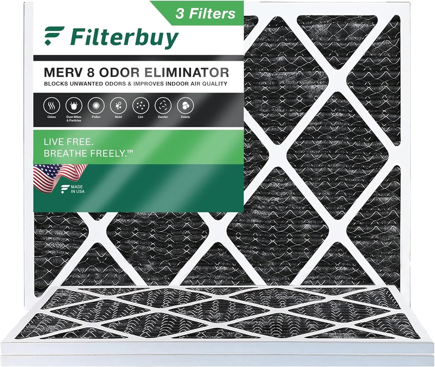 Filterbuy 16x20x1 MERV 8 Odor Eliminator Pleated HVAC AC Furnace Air Filters with Activated Carbon (3-Pack)