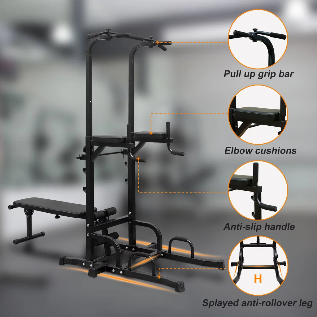 Power Tower Dip Station with Bench Pull Up Bar Stand Adjustable Height Heavy Duty Multi-Function Fitness Training Equipment for Home Office Gym,Steel