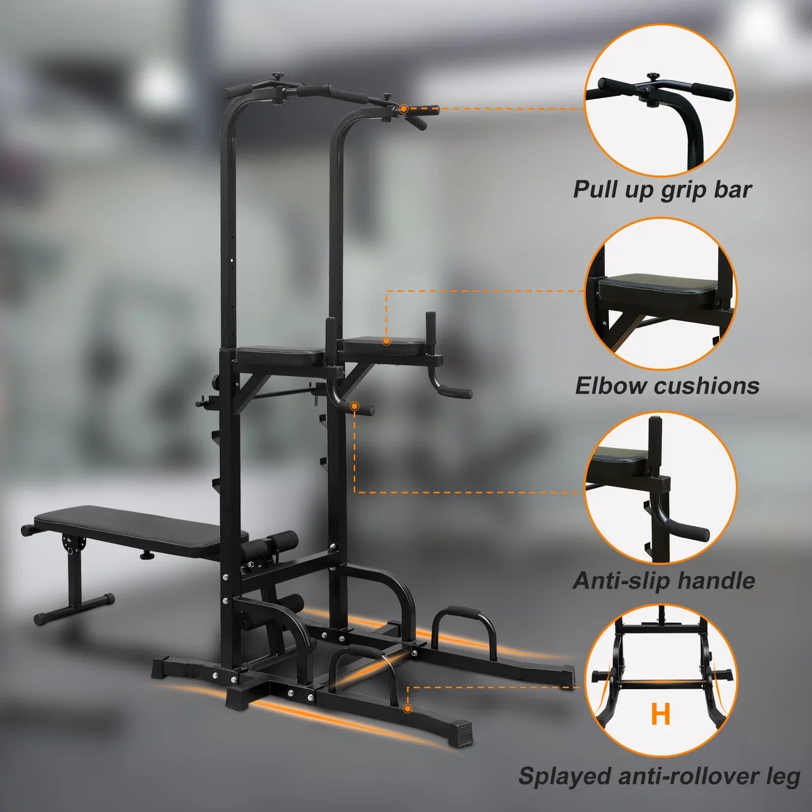 Power Tower Dip Station with Bench Pull Up Bar Stand Adjustable Height Heavy Duty Multi-Function Fitness Training Equipment for Home Office Gym,Steel