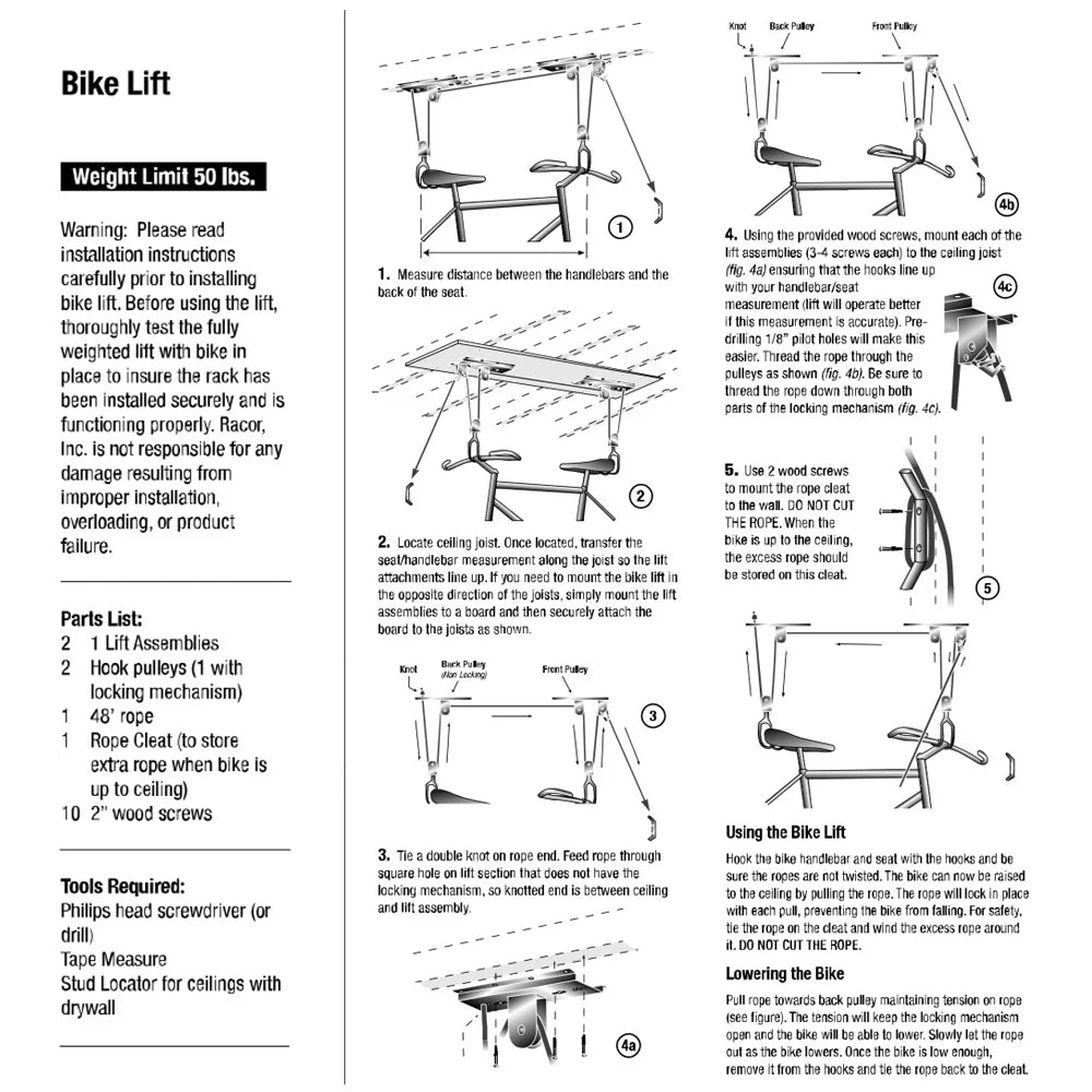 Tomfoto Hoist Garage Storage Bike Lift Pulley System with 60kg Bearing Overhead Bike Rack Heavy Duty Ceiling Hanger