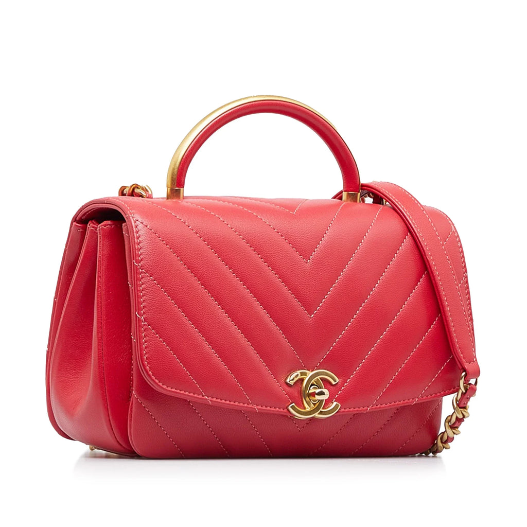 Pre-Owned Authenticated Chanel CC Chevron Flap Satchel Lambskin Leather Red Unisex (Good)