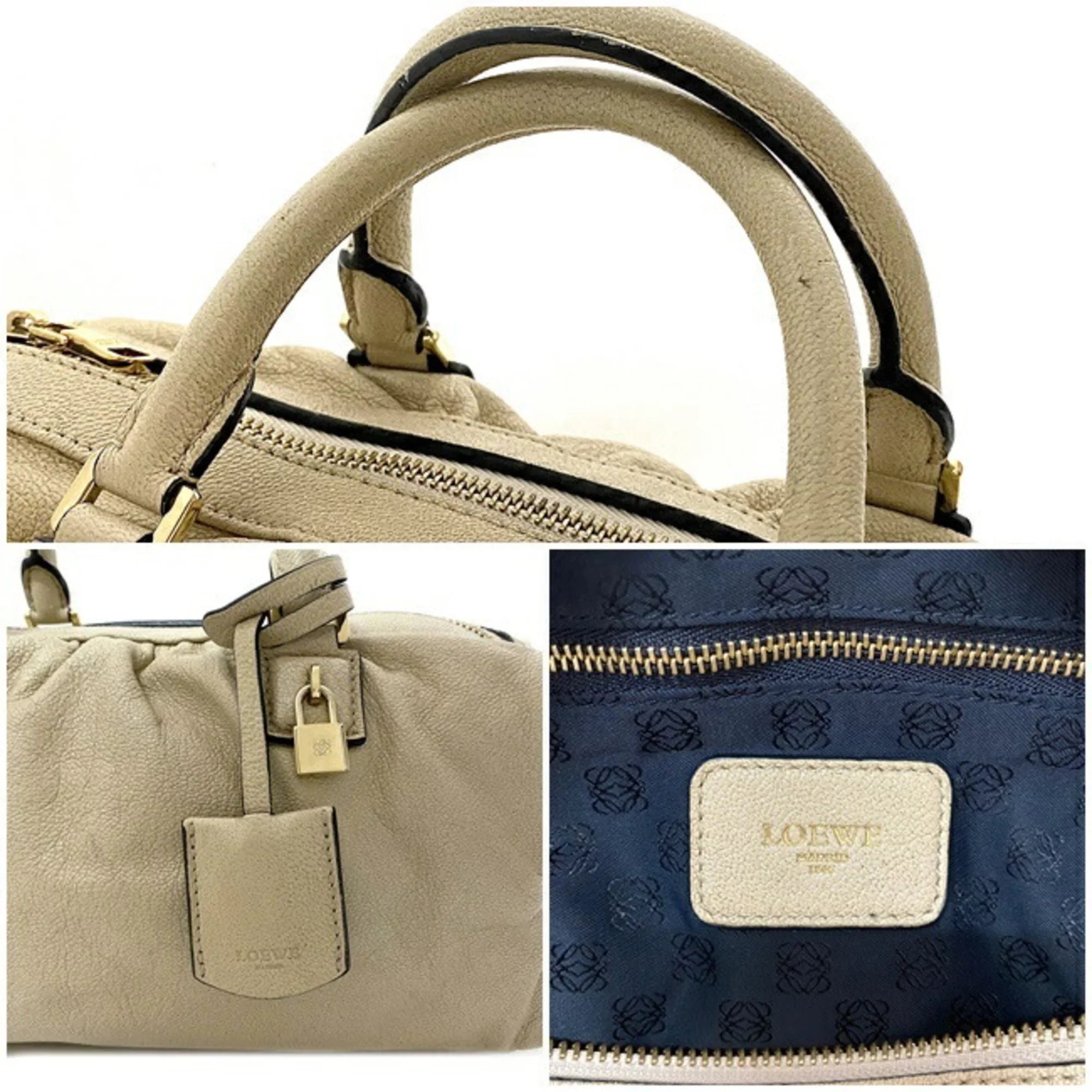 Pre-Owned Loewe 2way Gold Lame Anagram Leather LOEWE Boston Handbag Champagne Women's (Good)
