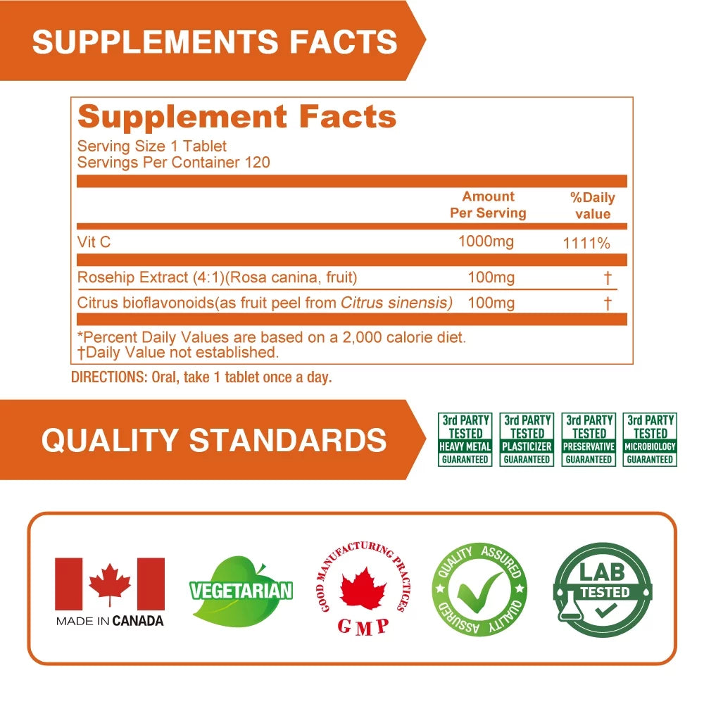 Lovita Vitamin C 1000mg with Bioflavonoids & Rose Hips, Timed Release Vitamin C, High Potency Vitamin C to Boost Healthy Immune Function, 120 Vegetarian Tablets for 4 Month Supply (Pack of 3)