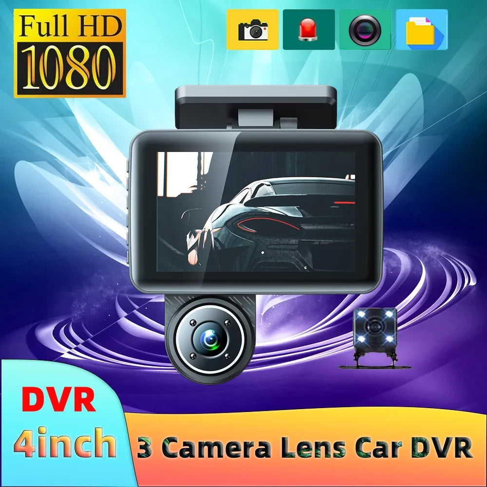 Ametoys 3 Cameras Dash Cam 4in Clear Car Rearview Mirror Car Video Recording Wide Angle Car Recorder Auto Safety Driving Recorder