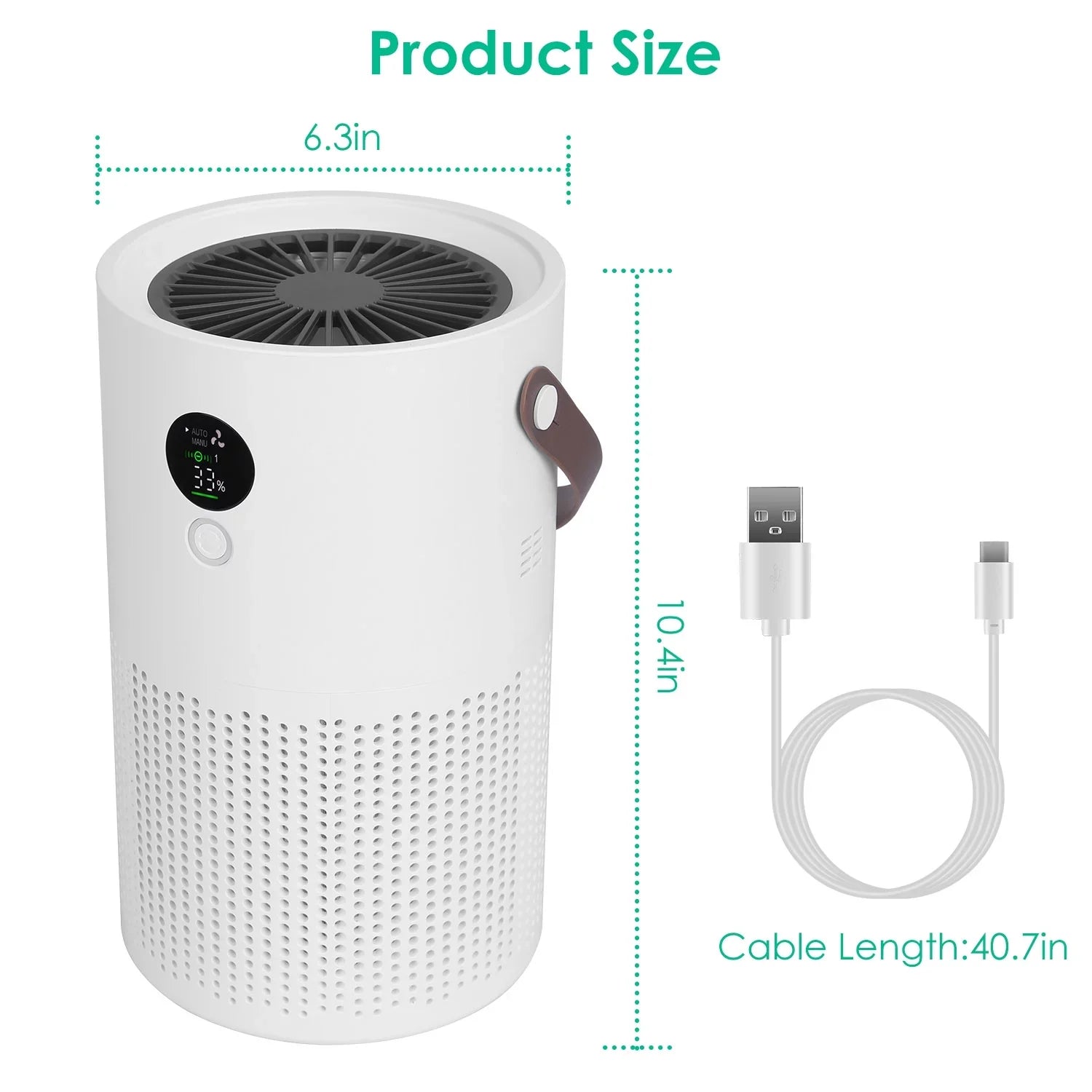 Portable Anion Air Purifier with Night Light, Electronic Air Sterilization with Handle for Home Office Car, White