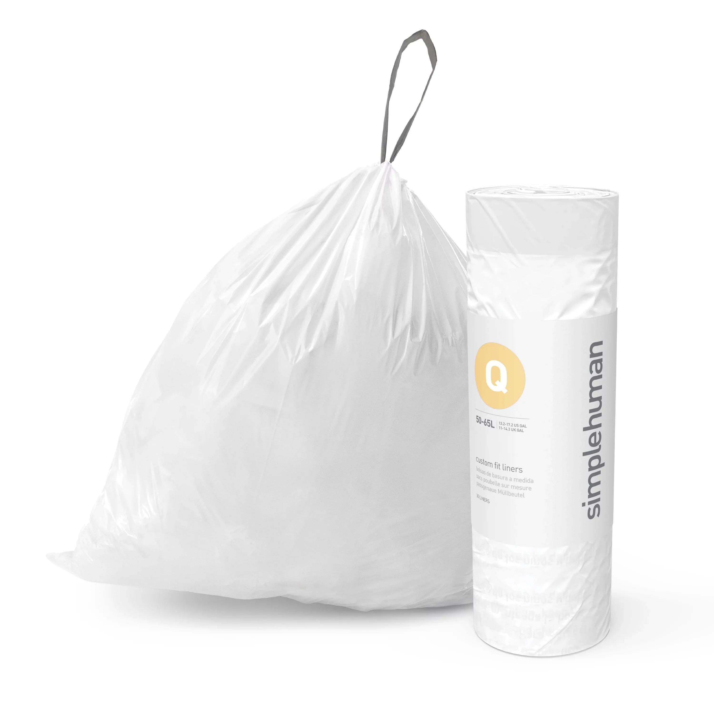 simplehuman Code Q Custom Fit Drawstring Trash Bags, 240 Roll Pack, 50-65 Liter / 13-17 Gallon, White