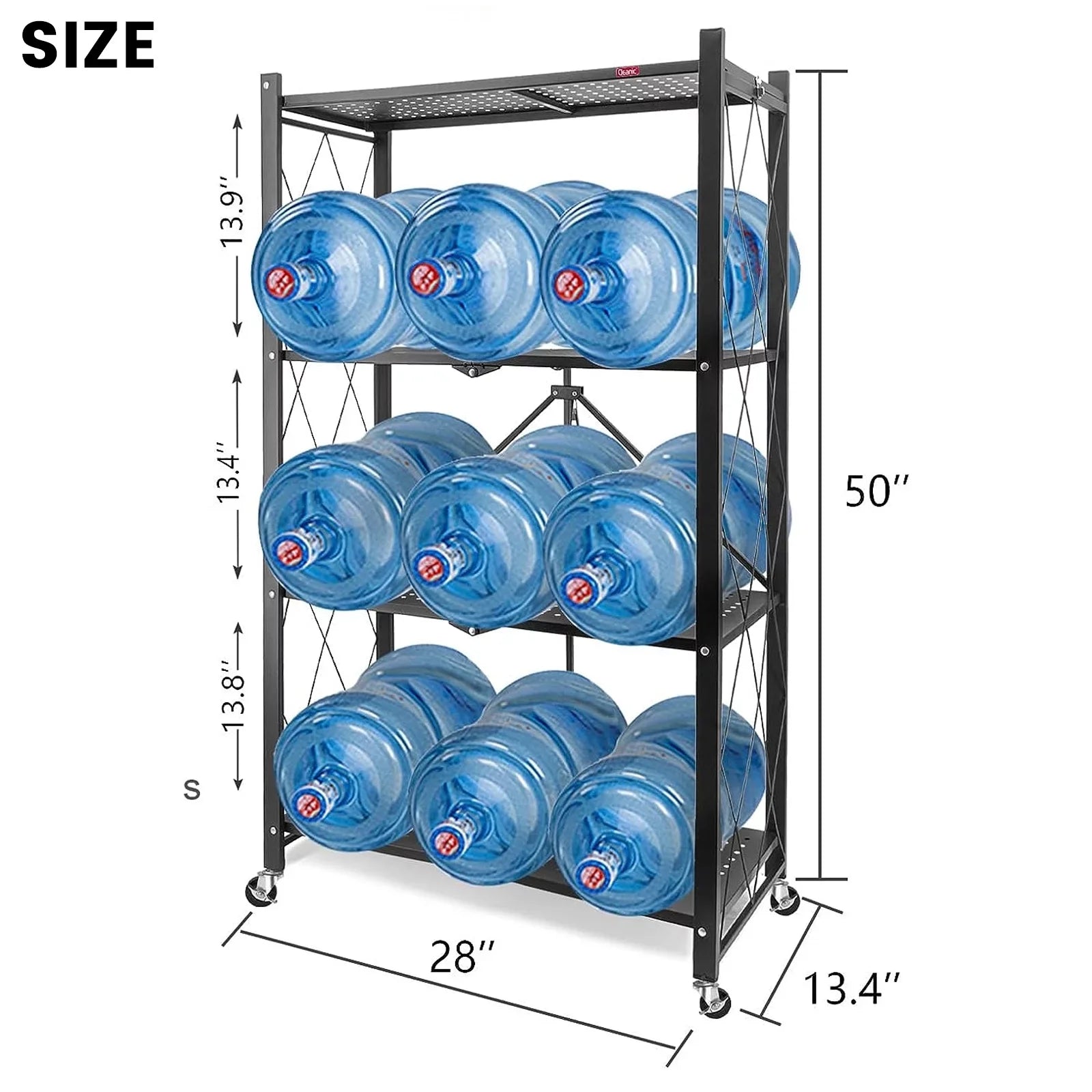 4-Tier Foldable Storage Shelf with Wheels - Metal Collapsible Shelving Unit Display, Rolling Cart for Books Kitchen Storage Shelves, Pantry & Closet Organizer, Office Room Decor - Black