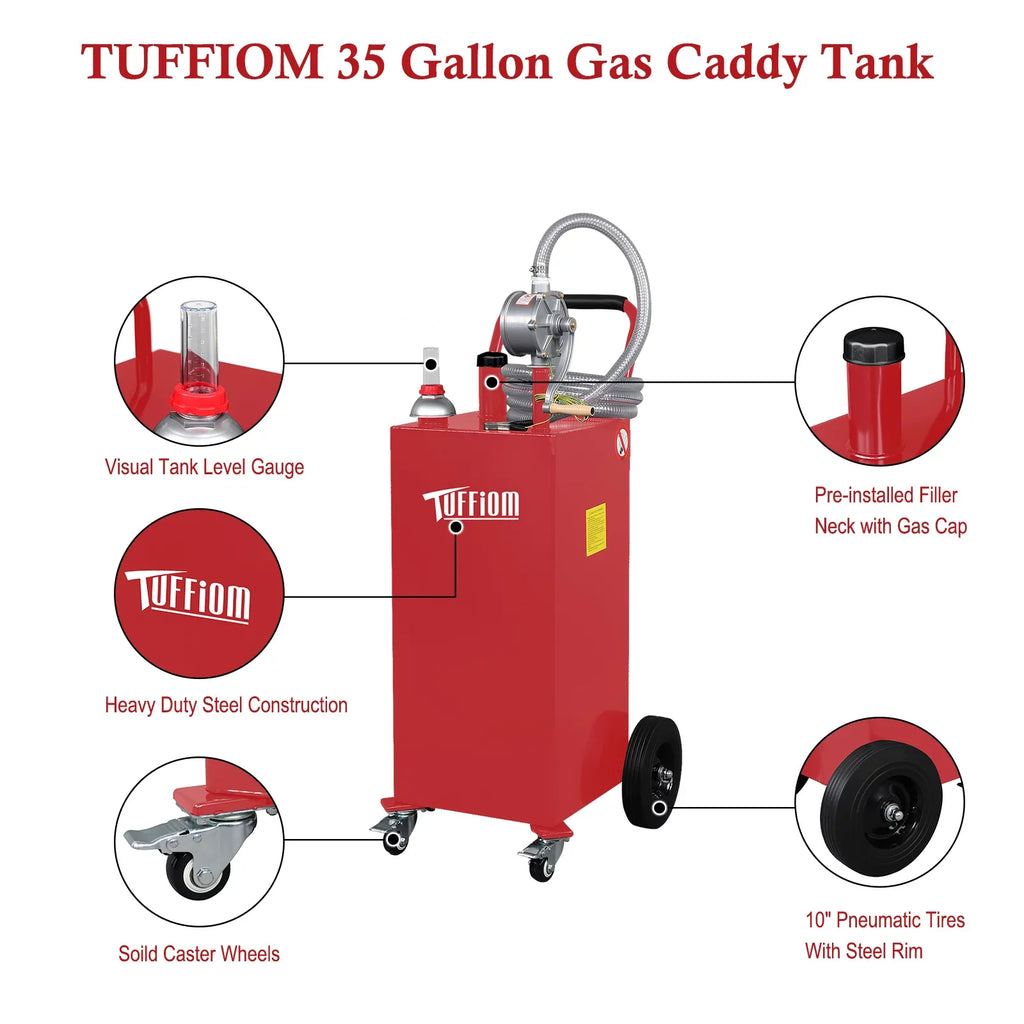TUFFIOM 35 Gallon Gas Caddy With Wheels, Fuel Transfer Tank Gasoline Diesel Can Reversible Rotary Hand Siphon Pump, Fuel Storage Tank for Automobiles ATV Car Mowers Tractors, Red