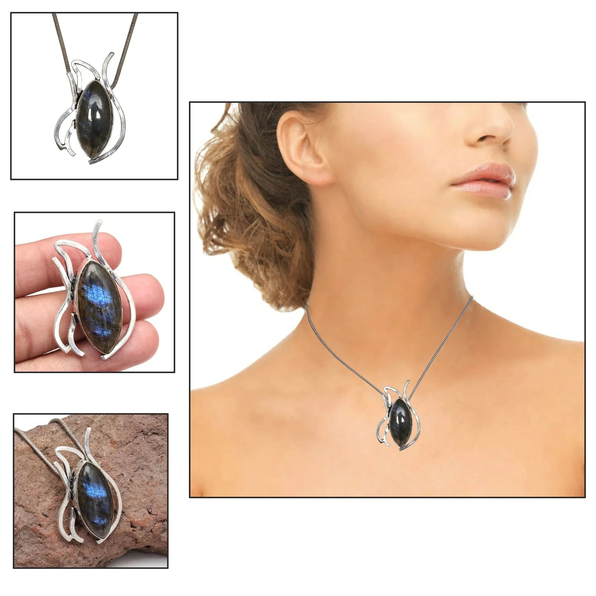 Silver 925 Sterling Garnet Gemstone Necklace Labradorite Jewelry Handmade