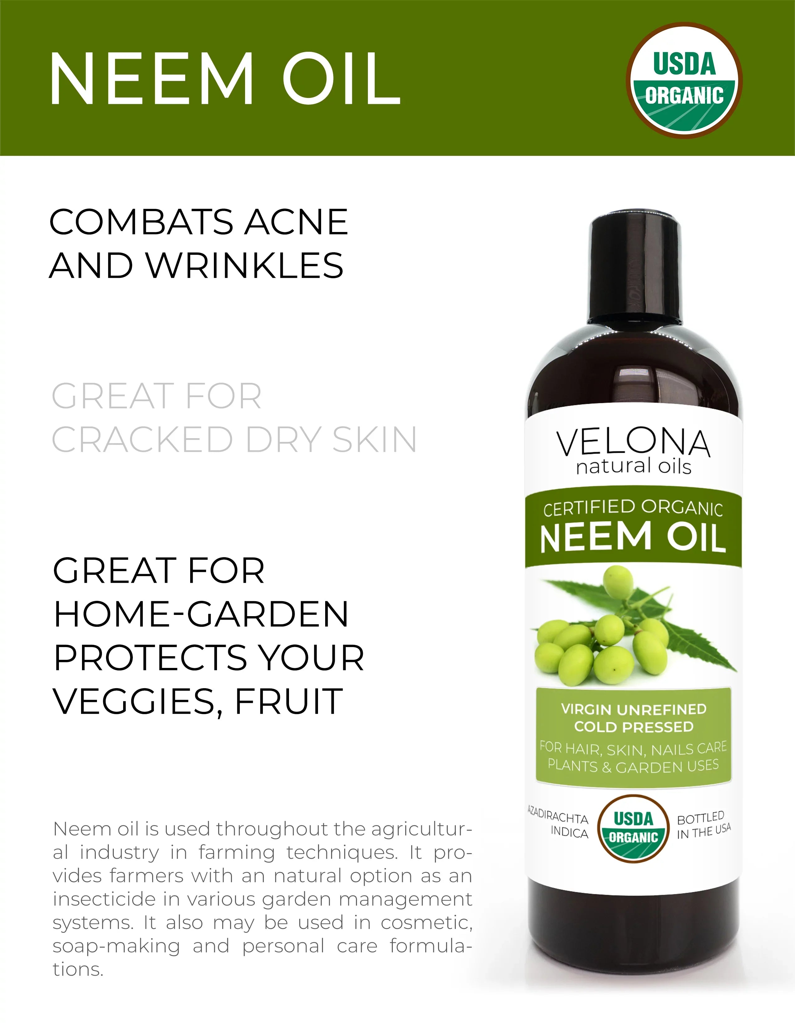 Velona Neem Oil USDA Certified Organic - 24 oz | 100% Pure and Natural Carrier Oil | Virgin, Unrefined, Cold Pressed | Hair, Body and Skin Care | Use Today - Enjoy Results