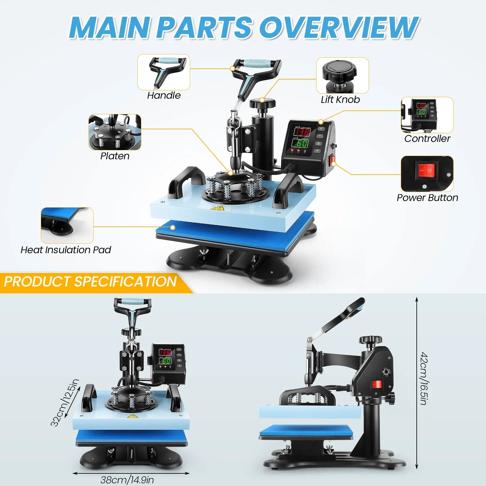 Qhomic 12x10in Heat Press Machine Digital Precise LCD Control Printing Sublimation, Heat Transfer Machine with 360 Degree Swivel Away Printing Transfer for DIY T-shirts, Tote Bags, Mats