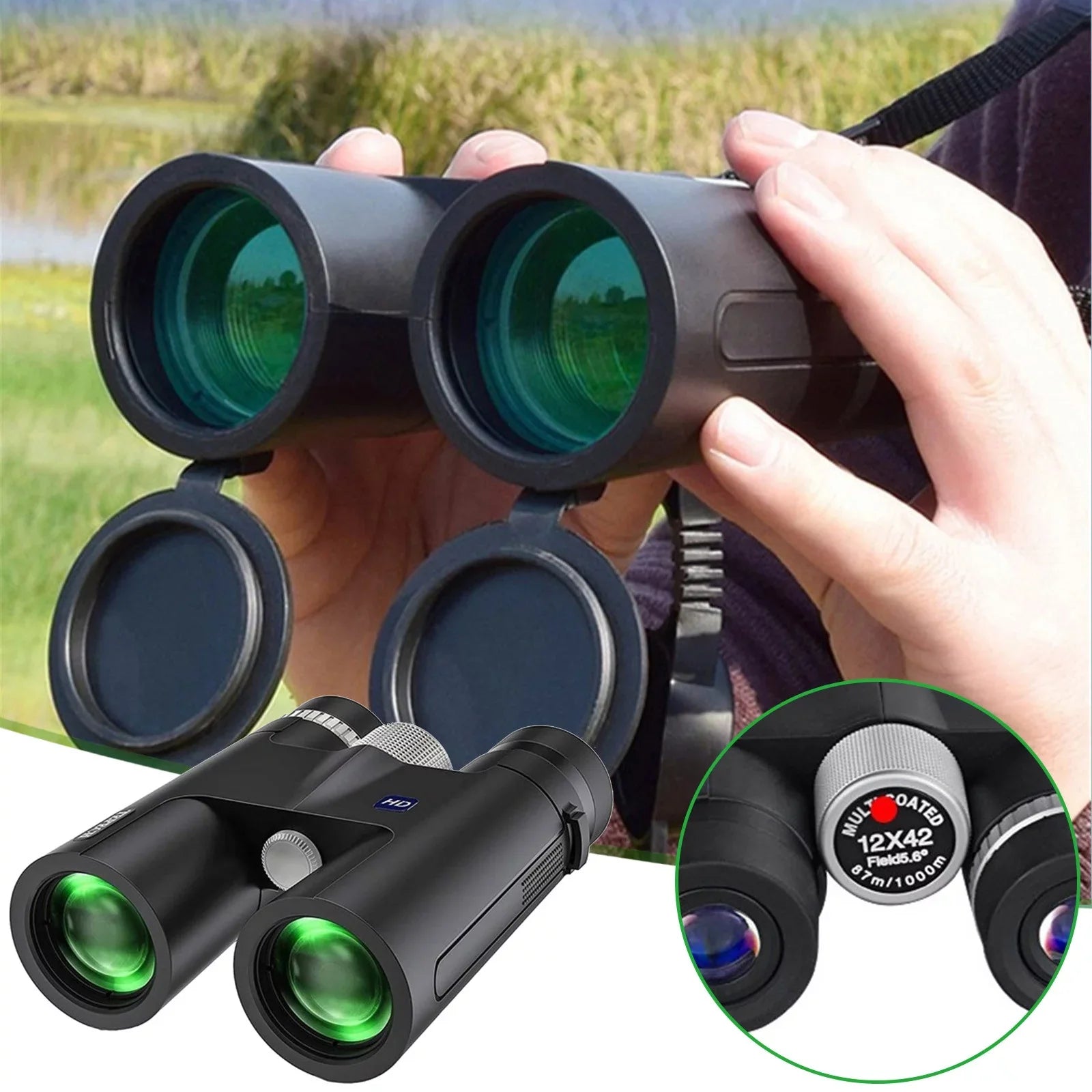 Back to School Savings! Feltree 12x42 Binoculars for Adults, Compact Binoculars with Low Light Night Vision, HD Clear High Power Large View Binoculars Adapter for Bird Watching, Hunting
