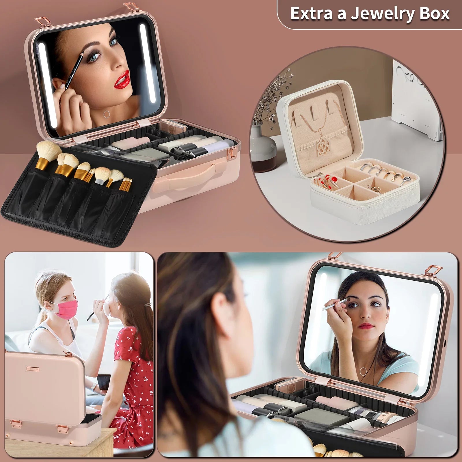 ZXMT 15" Pink Makeup Train Case with Mirror & Light & Jewelry Organizer Cosmetic Case Box with Brushes Board