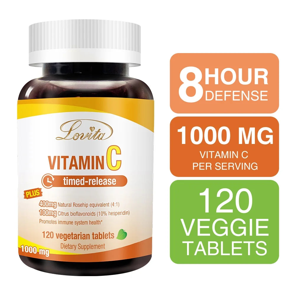 Lovita Vitamin C 1000mg with Bioflavonoids & Rose Hips, Timed Release Vitamin C, High Potency Vitamin C to Boost Healthy Immune Function, 120 Vegetarian Tablets for 4 Month Supply (Pack of 3)