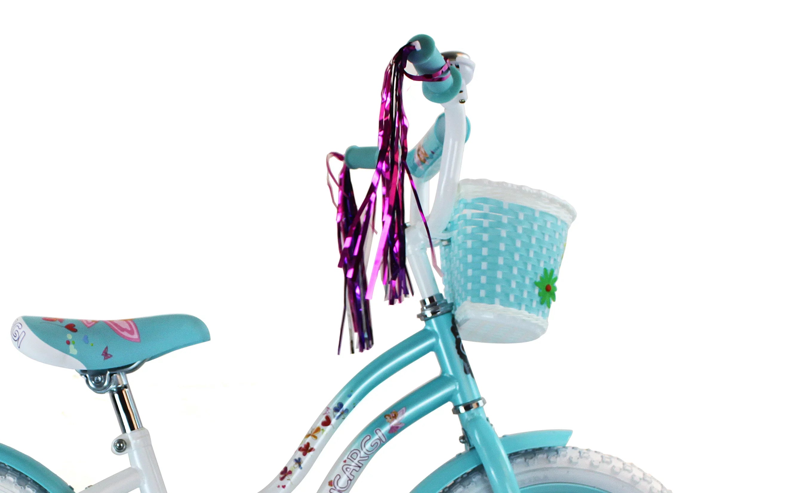 USToyOutlet 16" Cruiser Steel Frame Bicycle Coaster Brake One Piece Crank, White Full cover Chain Guard, Baby Blue Basket, Fenders & Rims, White Tire Kid's Bike - White/Baby Blue