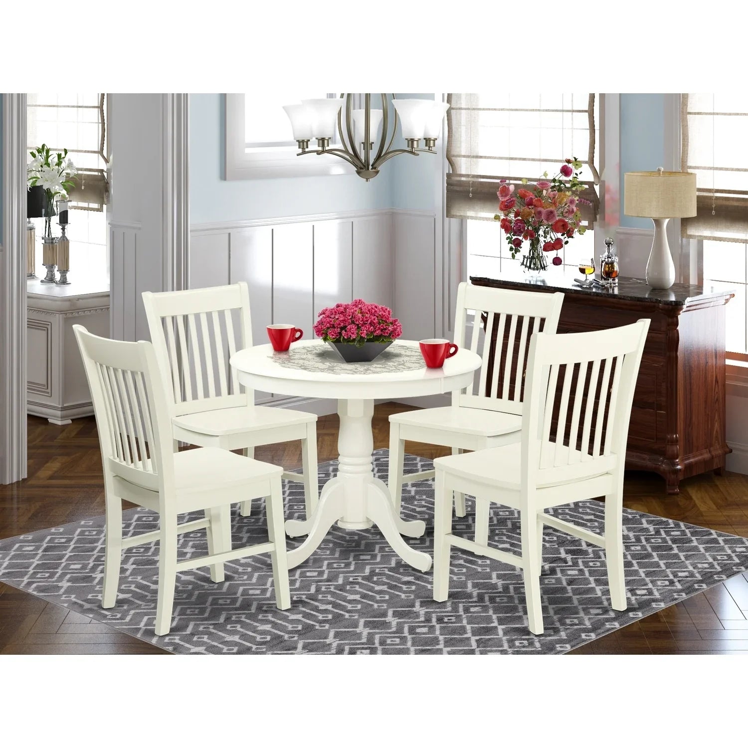 HomeStock Retro Relaxation 5 Pc Kitchen Table Set With A Dining Table And 4 Wood Seat Kitchen Chairs In Linen White