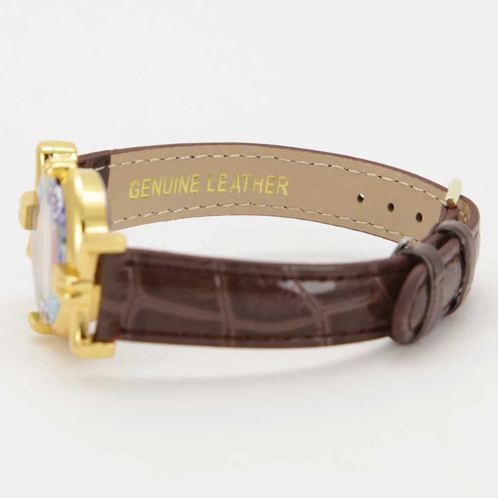 GlassOfVenice Murano Glass Millefiori Watch with Leather Band - Brown Multicolor