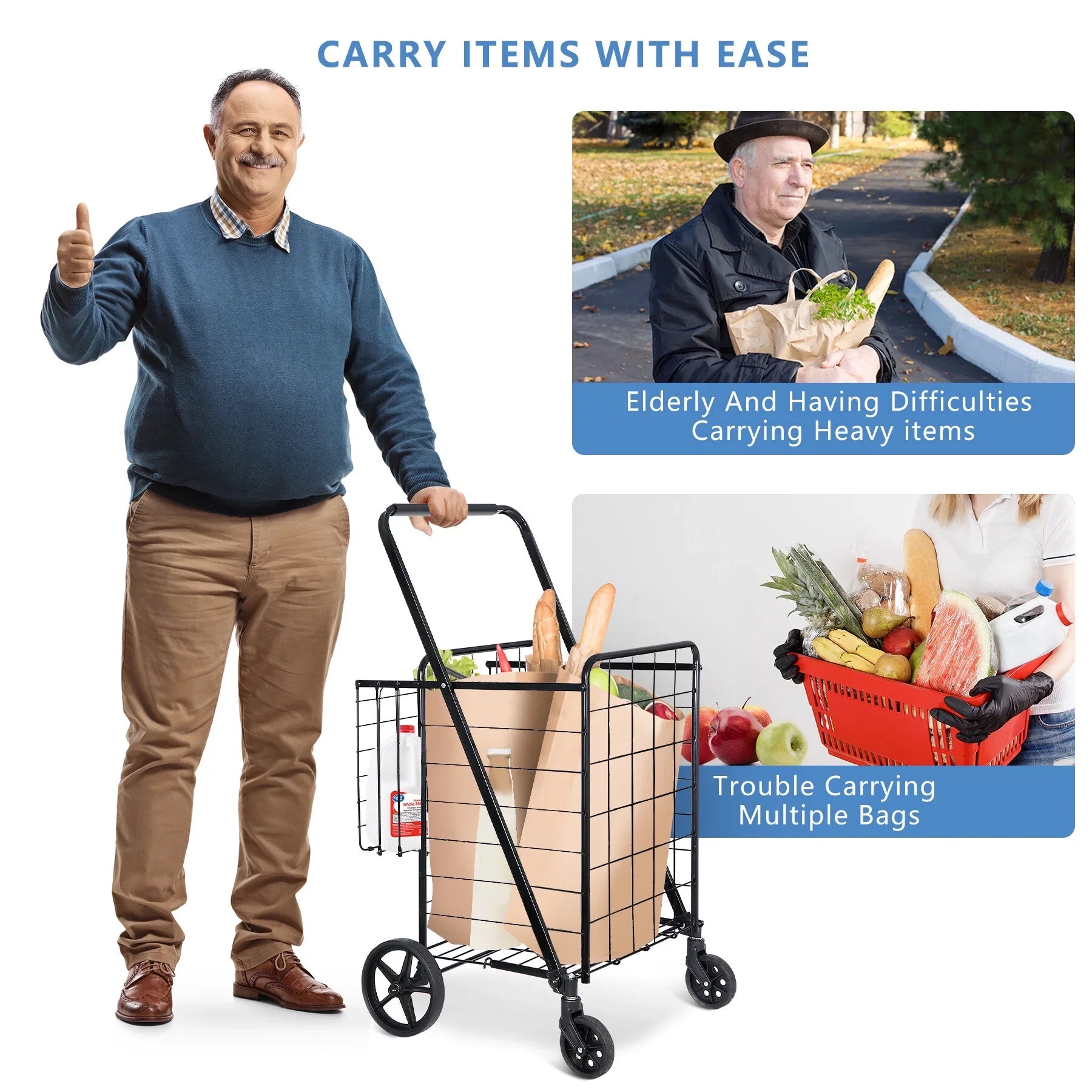 ZENY Folding Utility Shopping Cart with Double Basket and Wheels for Grocery Laundry Book Luggage Travel, Black