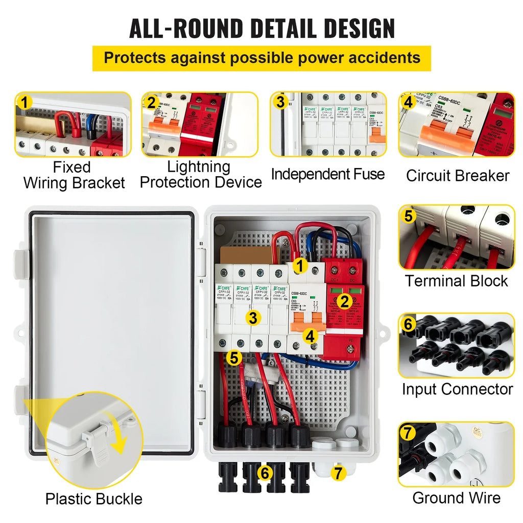 VEVOR PV Combiner Box, 4 String, Solar Combiner Box with 15a Rated Current Fuse, 63a Circuit Breaker, Lightning Arreste and Solar Connector, for On / Off Grid Solar Panel System, IP65 Liquid