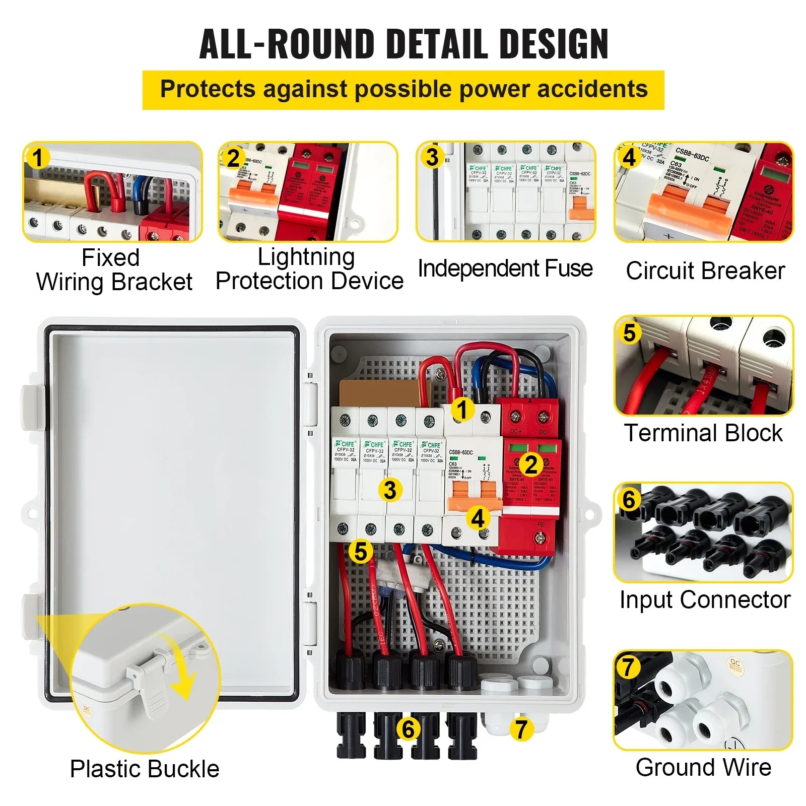 VEVOR PV Combiner Box, 4 String, Solar Combiner Box with 15a Rated Current Fuse, 63a Circuit Breaker, Lightning Arreste and Solar Connector, for On / Off Grid Solar Panel System, IP65 Liquid