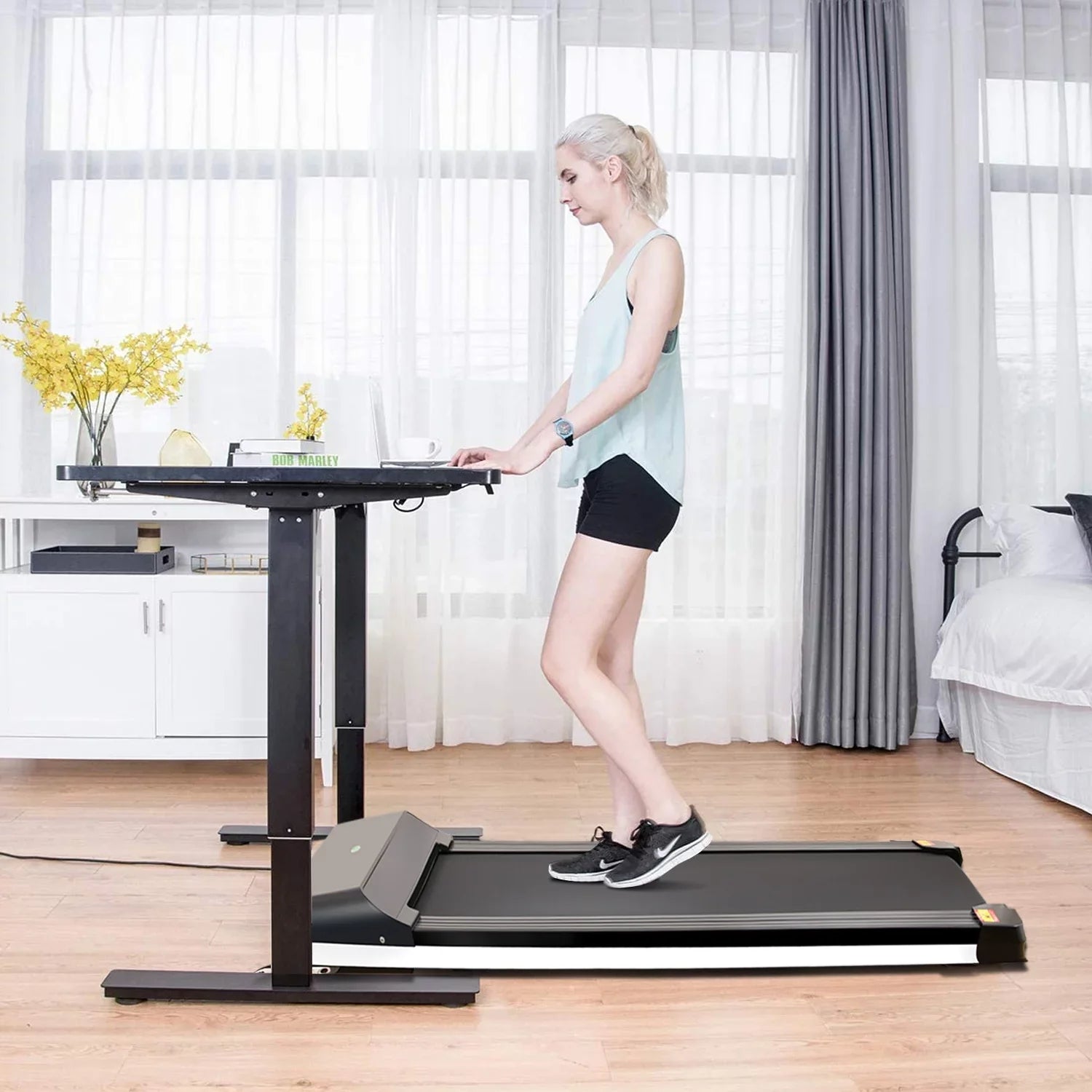 Portable Treadmill Under Desk Walking Pad Flat Slim Treadmill with LDE Display & Sport APP, Running Machine for Apartment and Small Space without Assembling Black