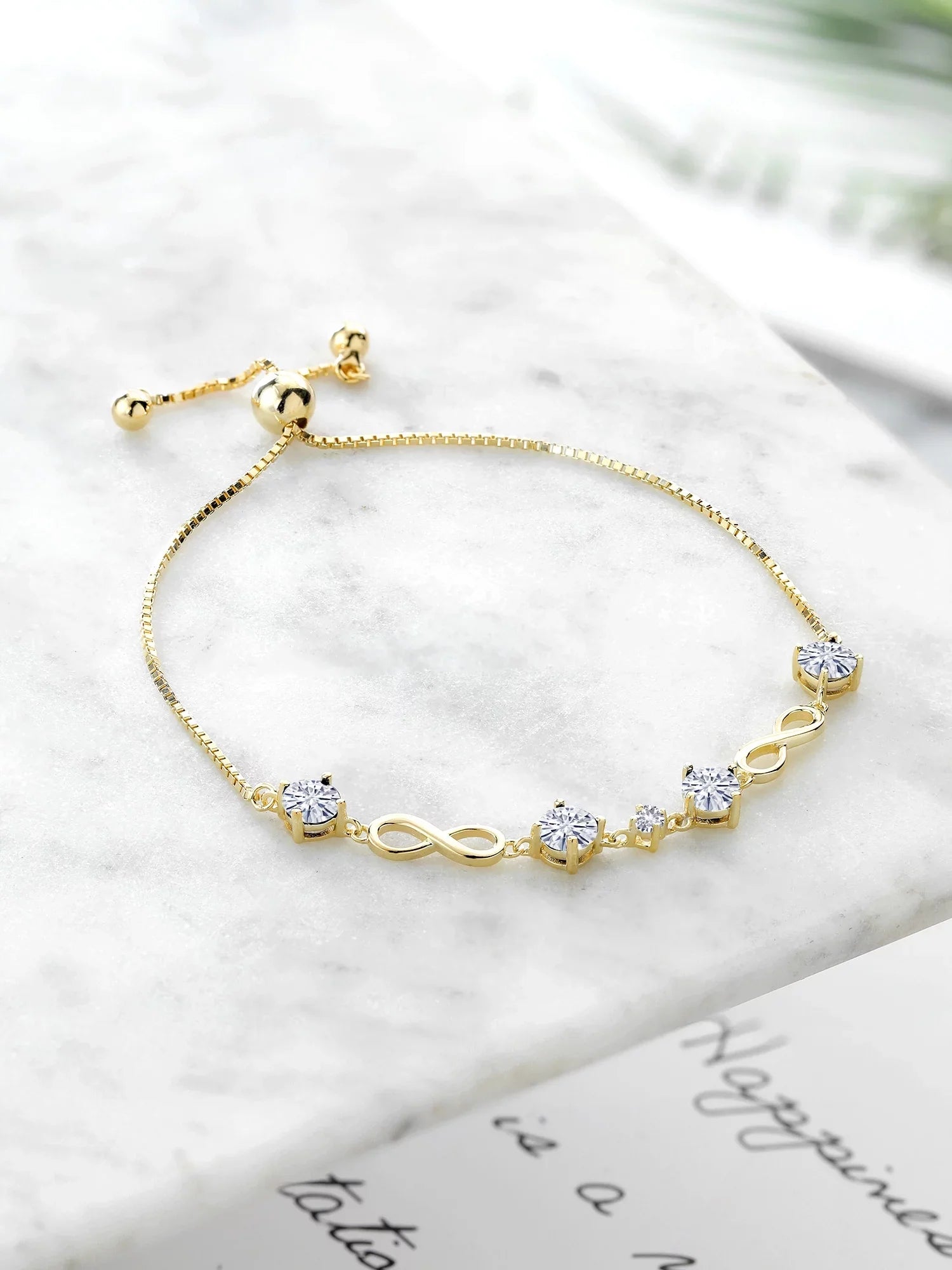 Gem Stone King 18K Yellow Gold Plated Silver White Created Sapphire Bracelet For Women Set with Moissanite (2.05 Cttw)
