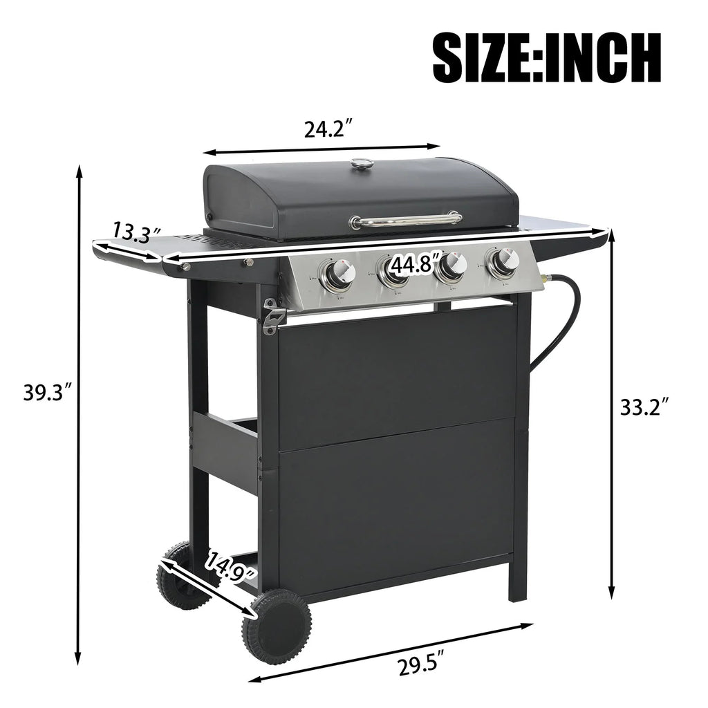 Stainless Steel BBQ Gas Grill 4-Burners Side Burner Thermometer Two Shelves Grilling Space Patio Garden Barbecue - Black