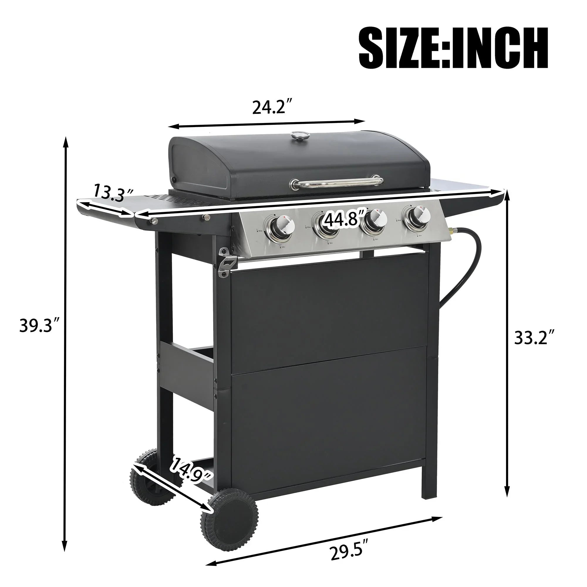 Stainless Steel BBQ Gas Grill 4-Burners Side Burner Thermometer Two Shelves Grilling Space Patio Garden Barbecue - Black