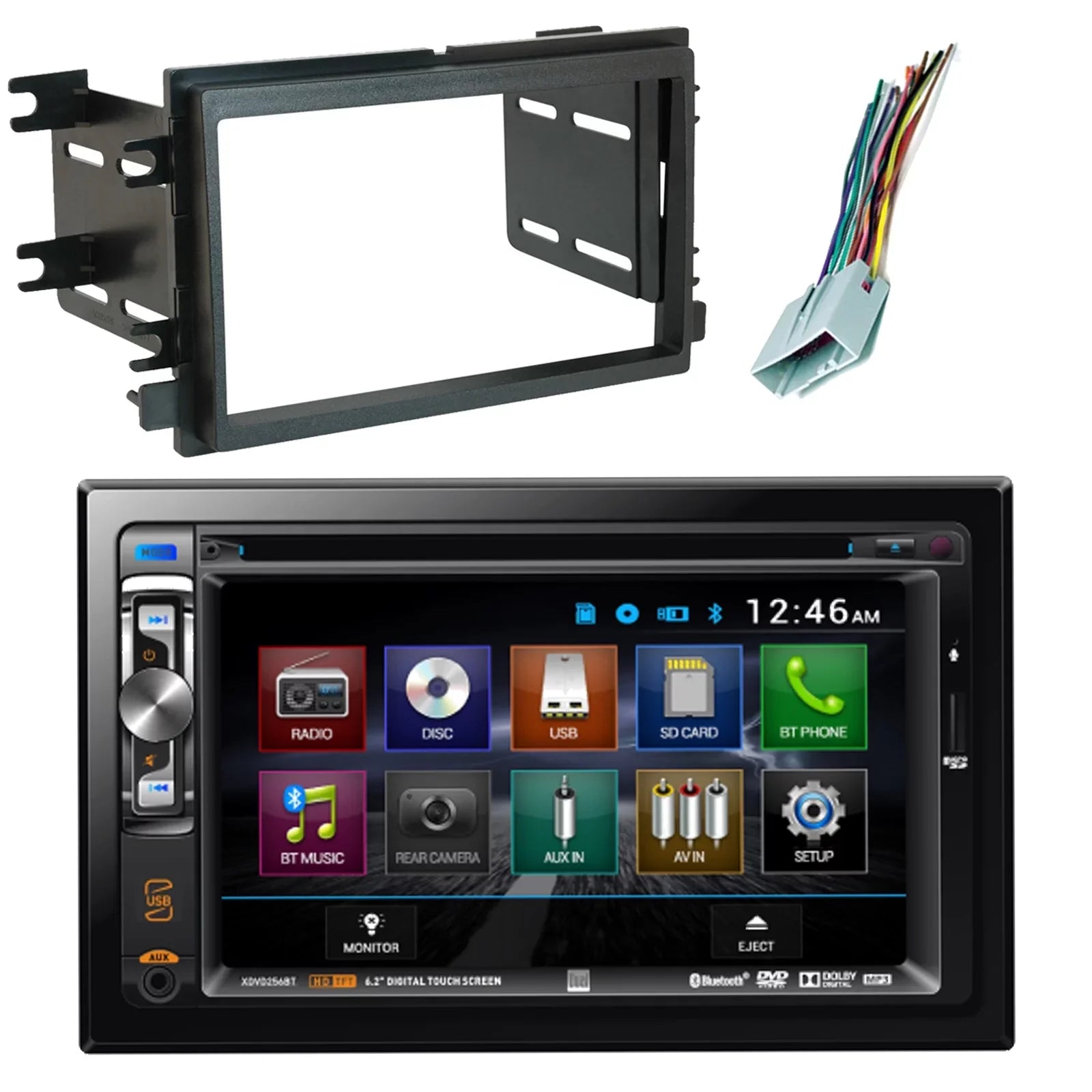 Enrock Dual XDVD256BT Double-DIN 6.2" Monitor USB DVD CD MP3 Bluetooth Stereo Car Audio Receiver, Scosche FD1426B Dash Install Kit, with FD23B Radio Wire Harness, Fits 2004-Up Select Ford