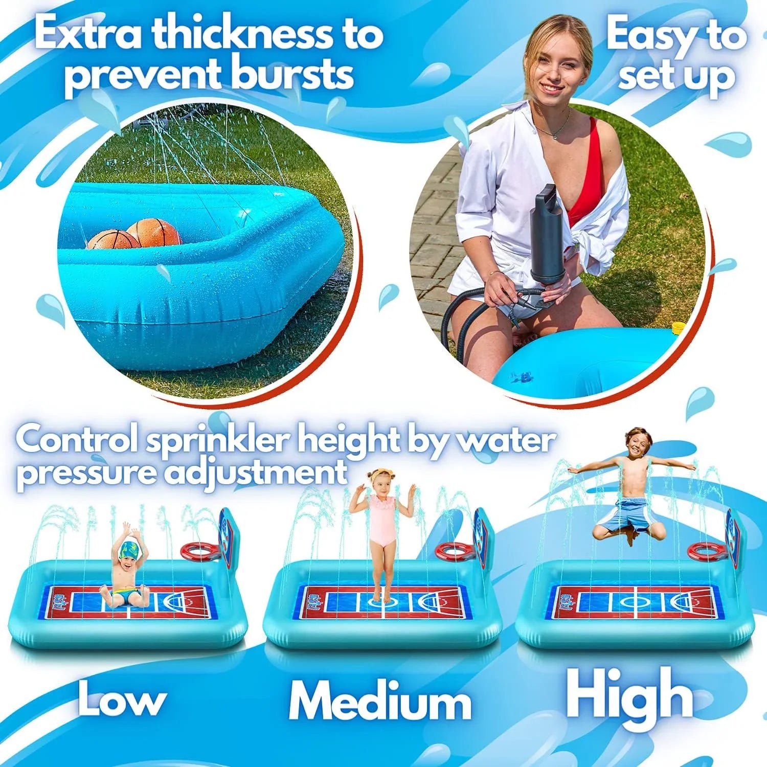 Splash Pool Pad With Sprinkler System, Hoop And 2 Inflatable Basketballs - Splash Pad For Kids - Kids Summer Toys And Fluid 82-inch.