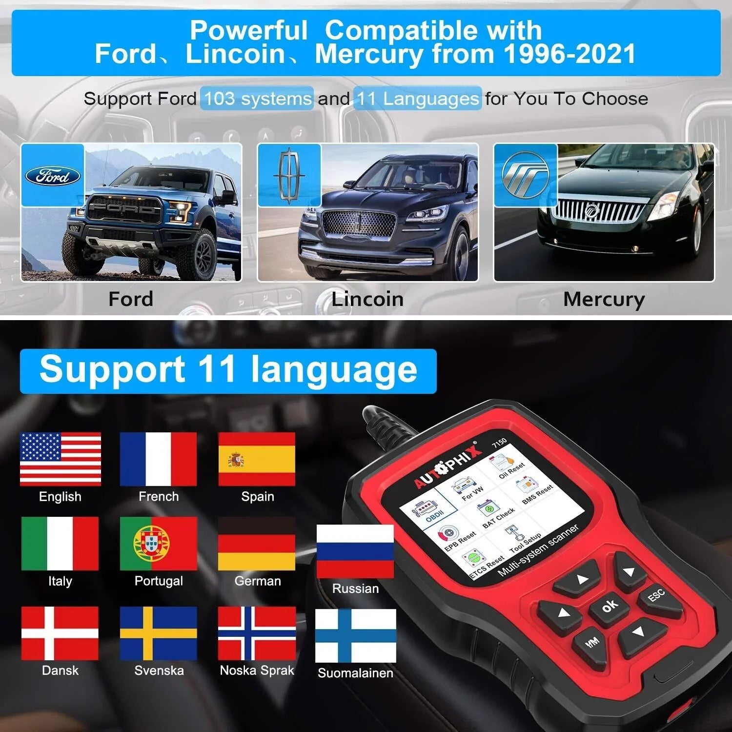 AUTOPHIX 7150 OBD2 Scanner Code Reader All Systems Automotive Diagnostic Scanner ABS Battery TPMS Reset for Ford