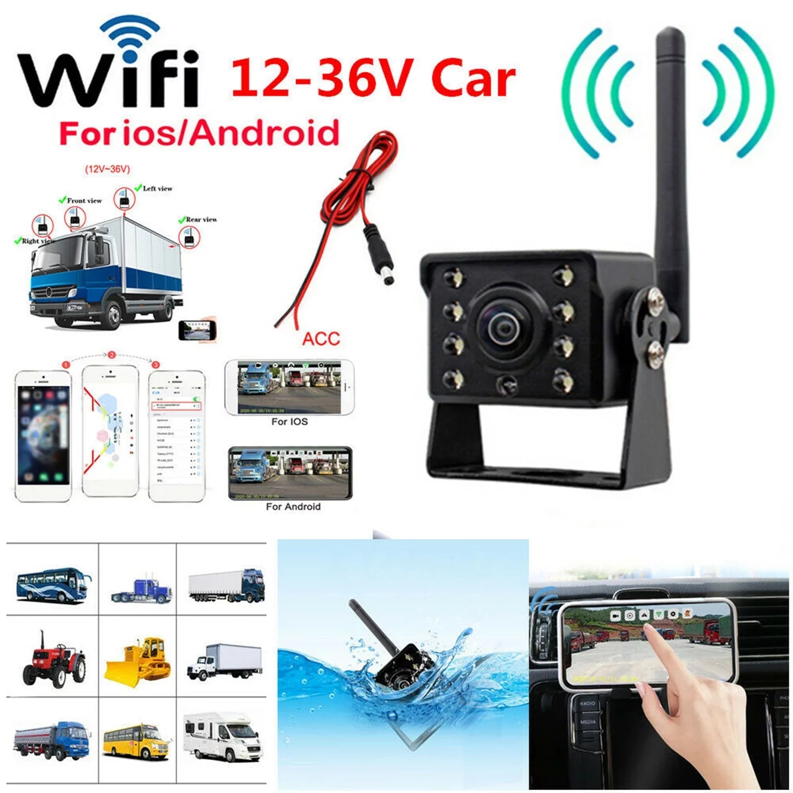 Aumotop Webcam,Vision Camera Ip67Vision Camera Led ReverseView Camera Bus Fluid WirelessBus 12v~36v Led 12v~36v Led Reverse Rear View Camera Wifi Wireless Car Camera Bus 12v~36v