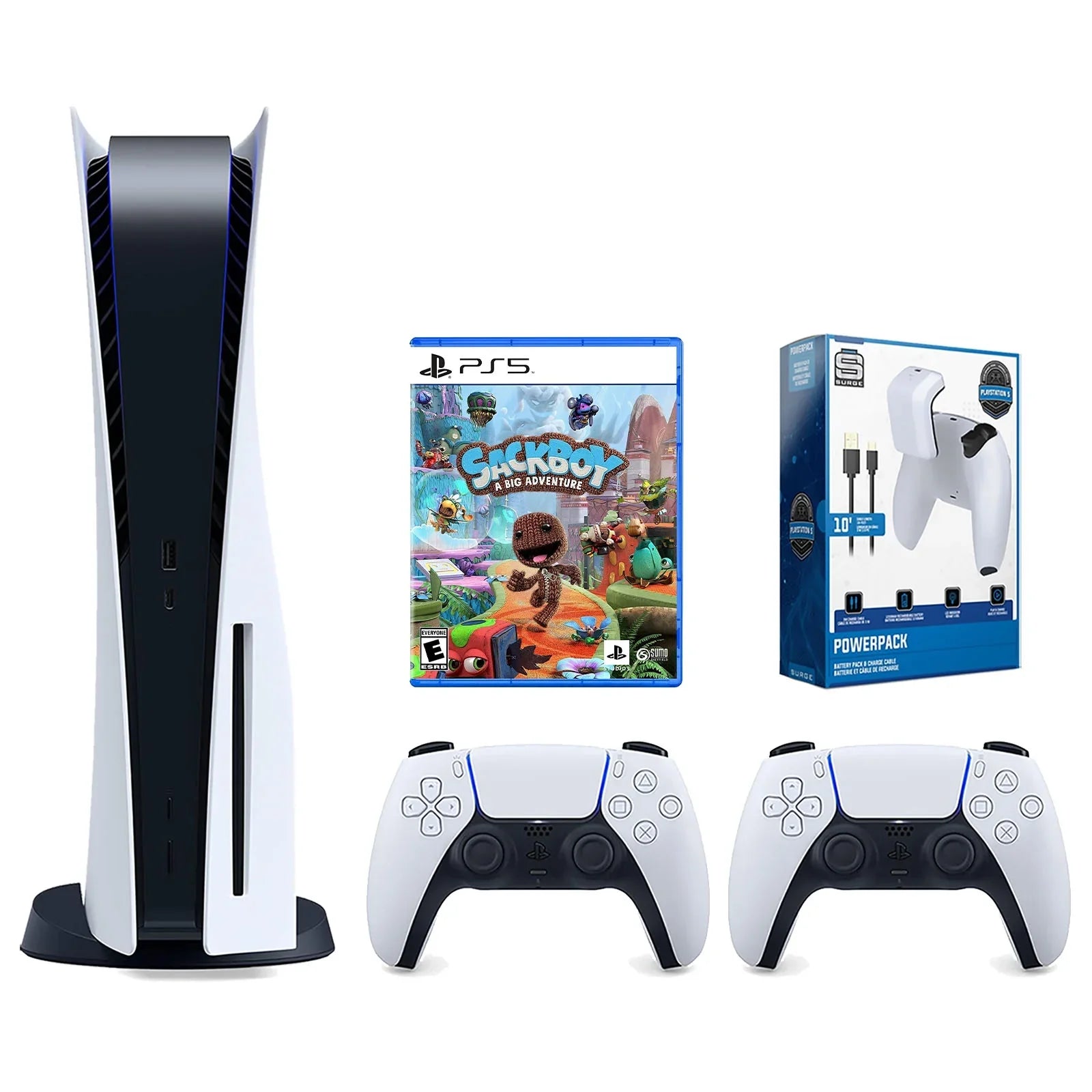 Playstation 5 Disc Version Console with Extra White Controller, Surge PowerPack Battery Pack & Charge Cable and Sackboy: A Big Adventure Bundle