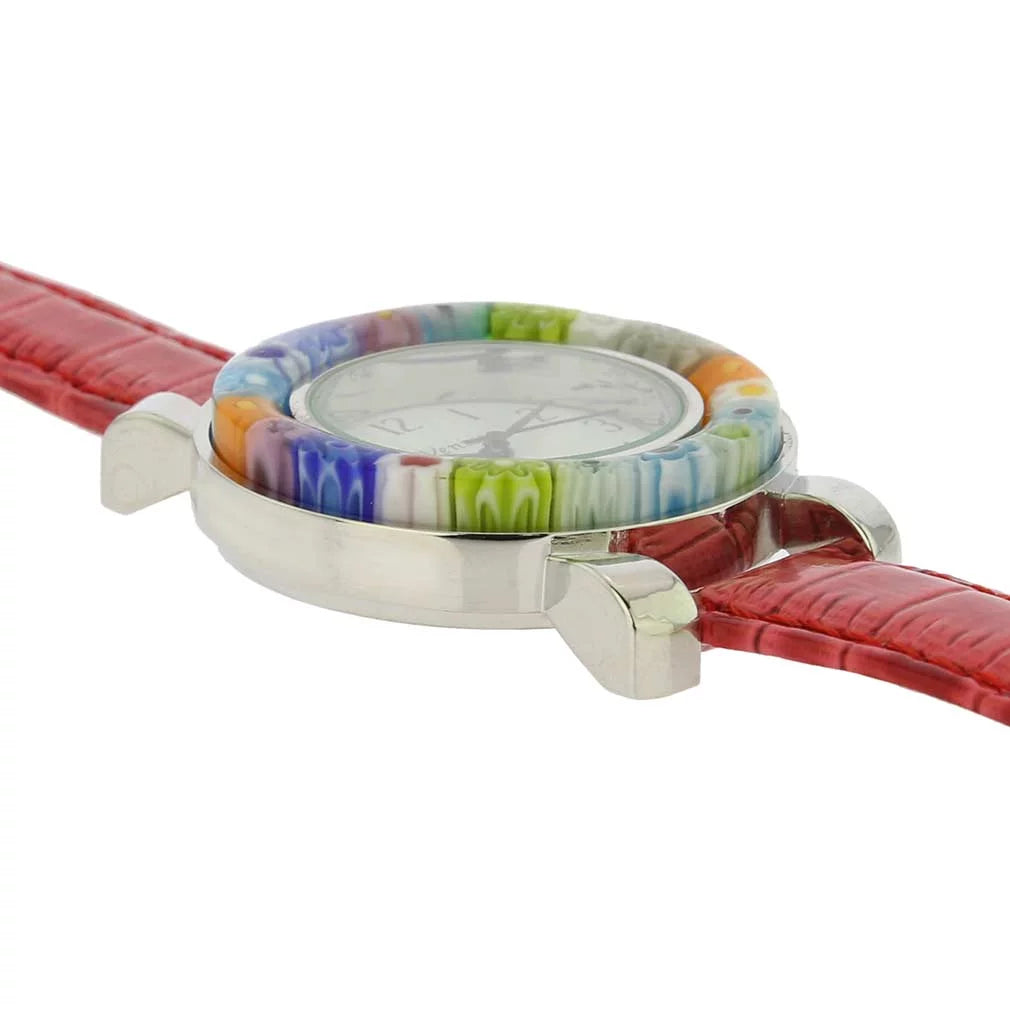 GlassOfVenice Serena Murano Millefiori Watch With Leather Band - Red